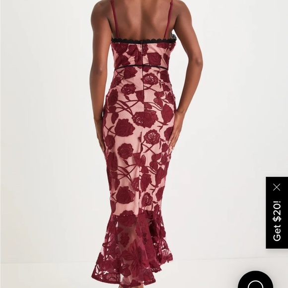Alluring Dream Burgundy Floral Mesh Lace Trumpet Midi Dress - Picture 2 of 4